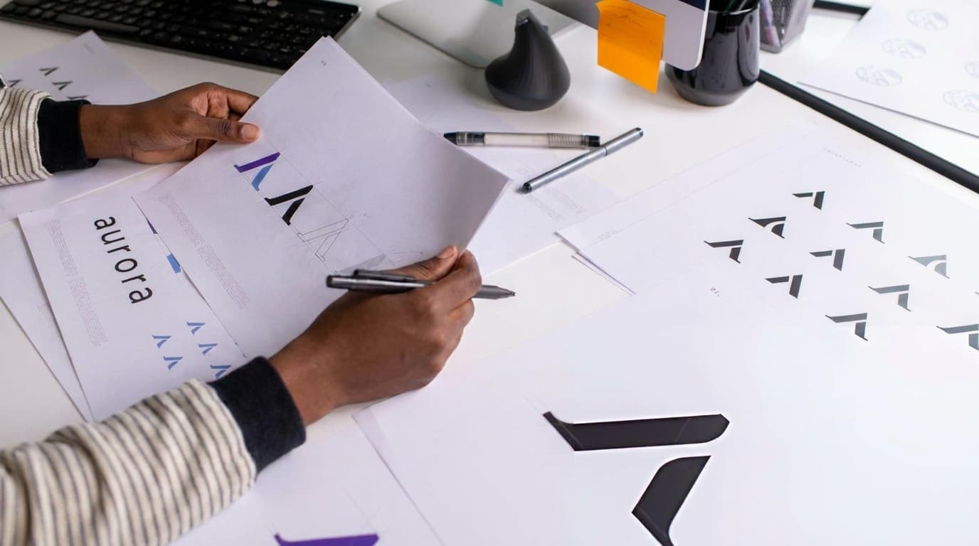 Brand identity collateral laid out across a studio desk